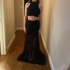 2 piece black sequined prom dress